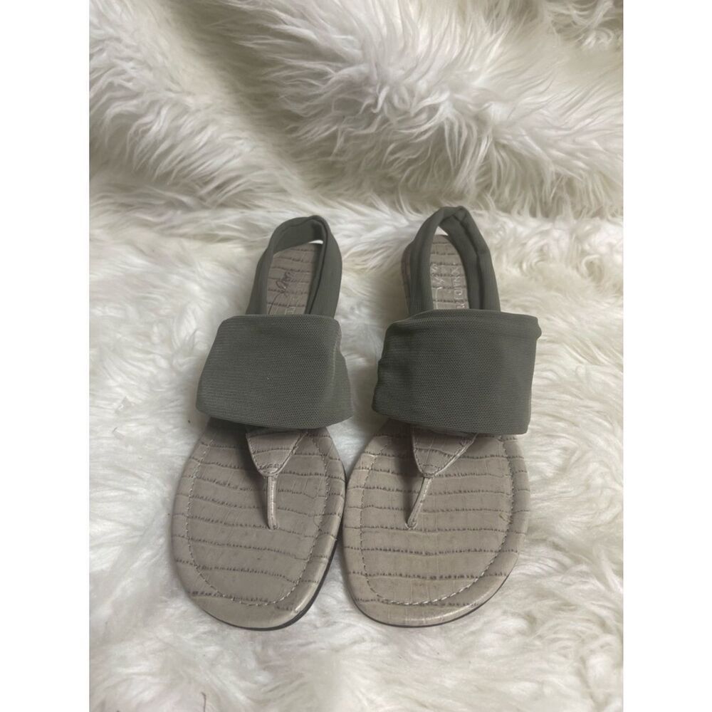 Donald J Pliner Fabric Olive Green Thong Sandals faux reptile  gray wedge SZ9M